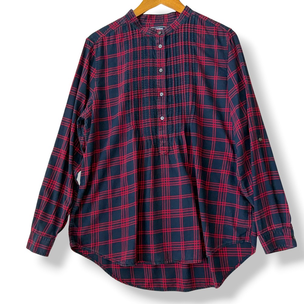 Lands' End 16 Red Navy Plaid Pintuck Tunic Top Flannel Roll Tab 100% Cotton Chic